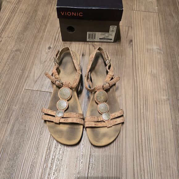 Vionic Park Noleen Wedge Comfort Sandals Gold Cork Strappy Medallion Womens Sz 8 - Picture 2 of 8